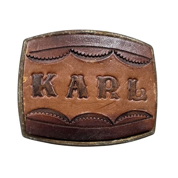 Belt Buckle Brass and Leather Embossed With the Name KARL1980s - Picture 1 of 2